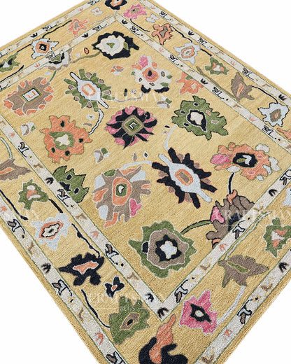6x8 ft Hand Tufted Loop Pile Rug – Oushak Inspired Floral Design – Premium Wool Area Rug for Living Room & Bedroom