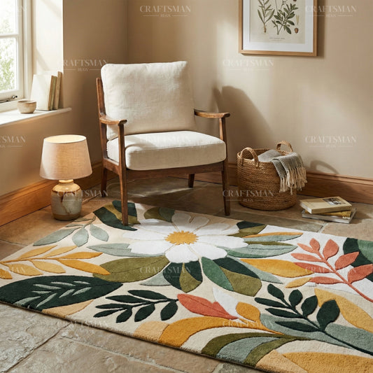 Modern Floral Area Rug – Beige Base with White Flower & Multicolor Leaves | Soft Tufted Carpet for Living Room, Bedroom & Home Décor