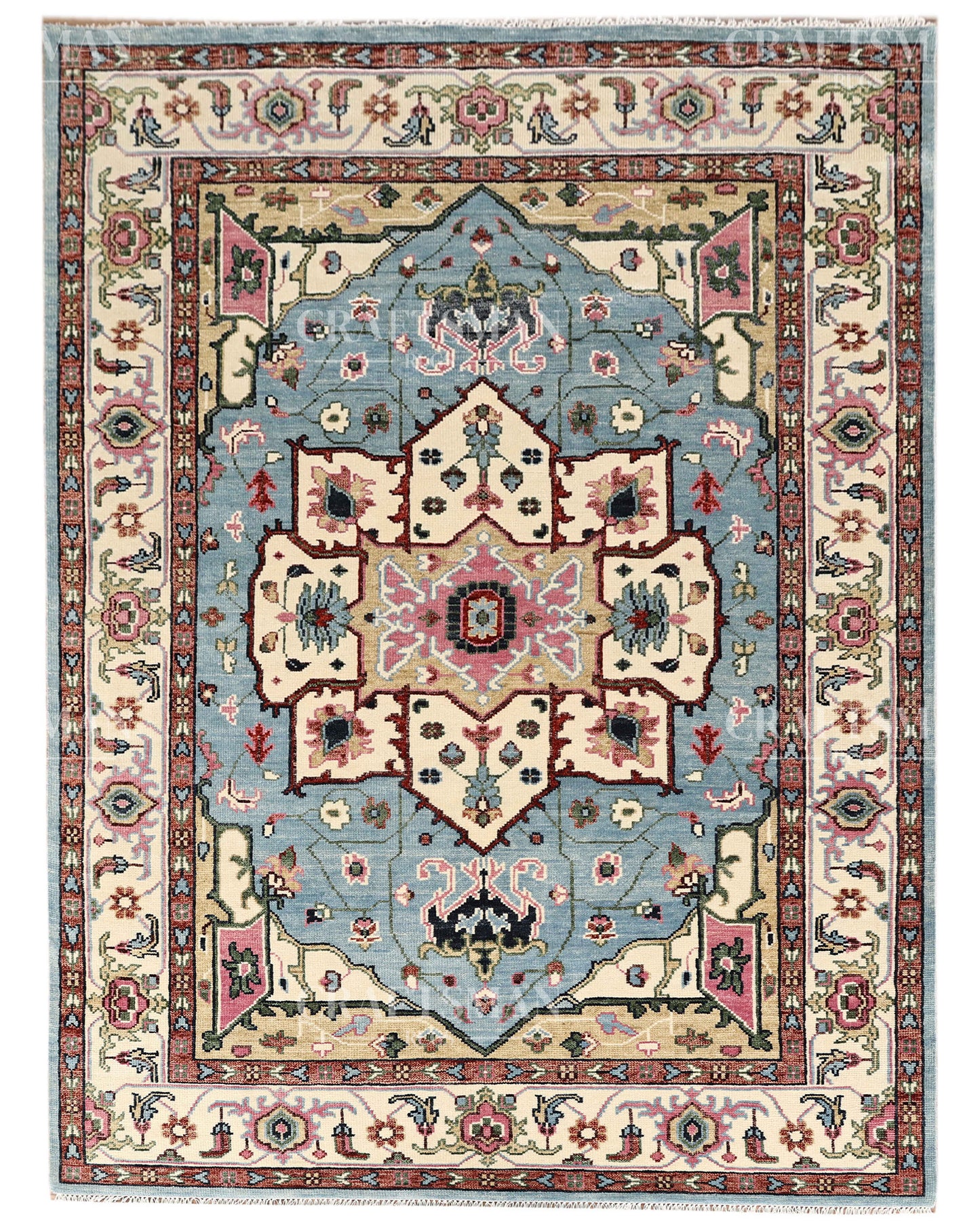 Luxury Hand Knotted Oushak Rug – Sky Blue & Ivory Vintage Turkish Persian Wool Area Rug with Traditional Geometric Medallion Design