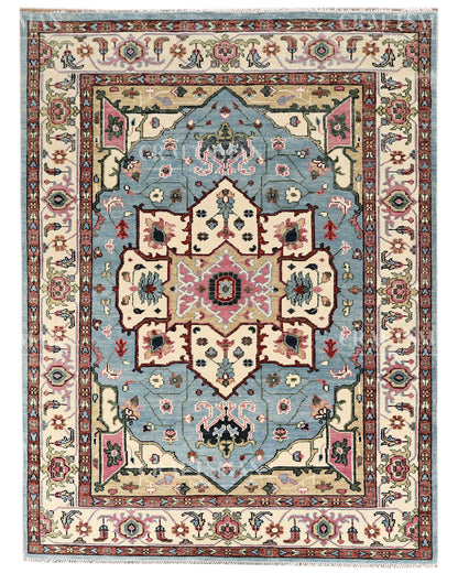 Luxury Hand Knotted Oushak Rug – Sky Blue & Ivory Vintage Turkish Persian Wool Area Rug with Traditional Geometric Medallion Design