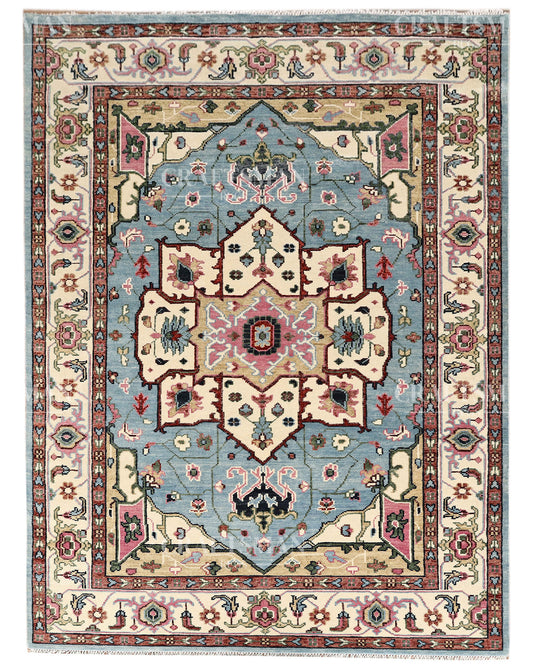 Luxury Hand Knotted Oushak Rug – Sky Blue & Ivory Vintage Turkish Persian Wool Area Rug with Traditional Geometric Medallion Design