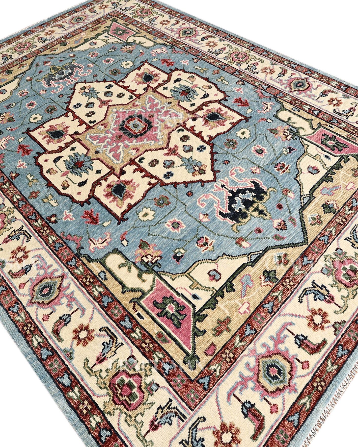 Luxury Hand Knotted Oushak Rug – Sky Blue & Ivory Vintage Turkish Persian Wool Area Rug with Traditional Geometric Medallion Design