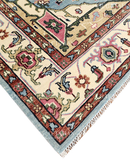 Luxury Hand Knotted Oushak Rug – Sky Blue & Ivory Vintage Turkish Persian Wool Area Rug with Traditional Geometric Medallion Design