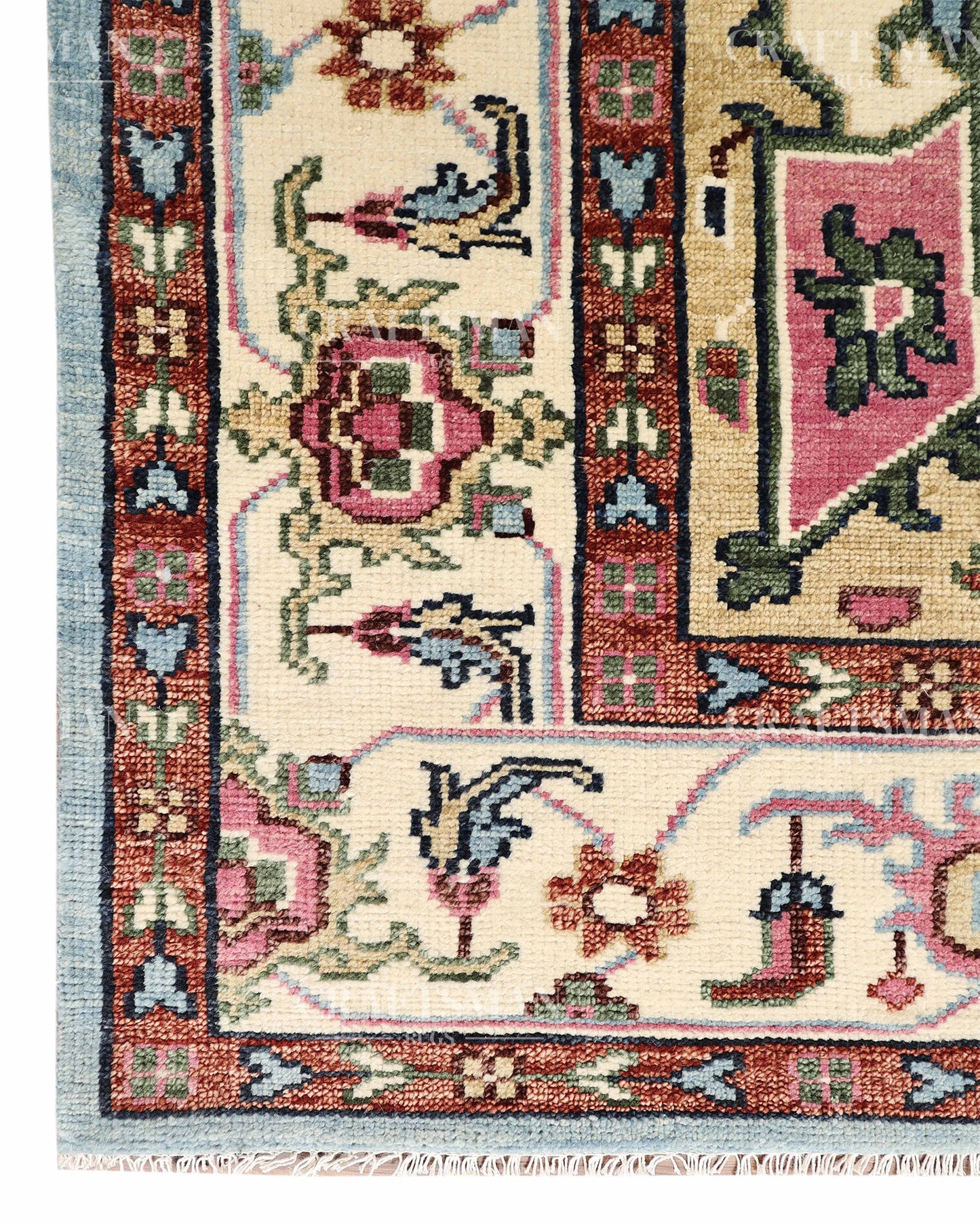 Luxury Hand Knotted Oushak Rug – Sky Blue & Ivory Vintage Turkish Persian Wool Area Rug with Traditional Geometric Medallion Design