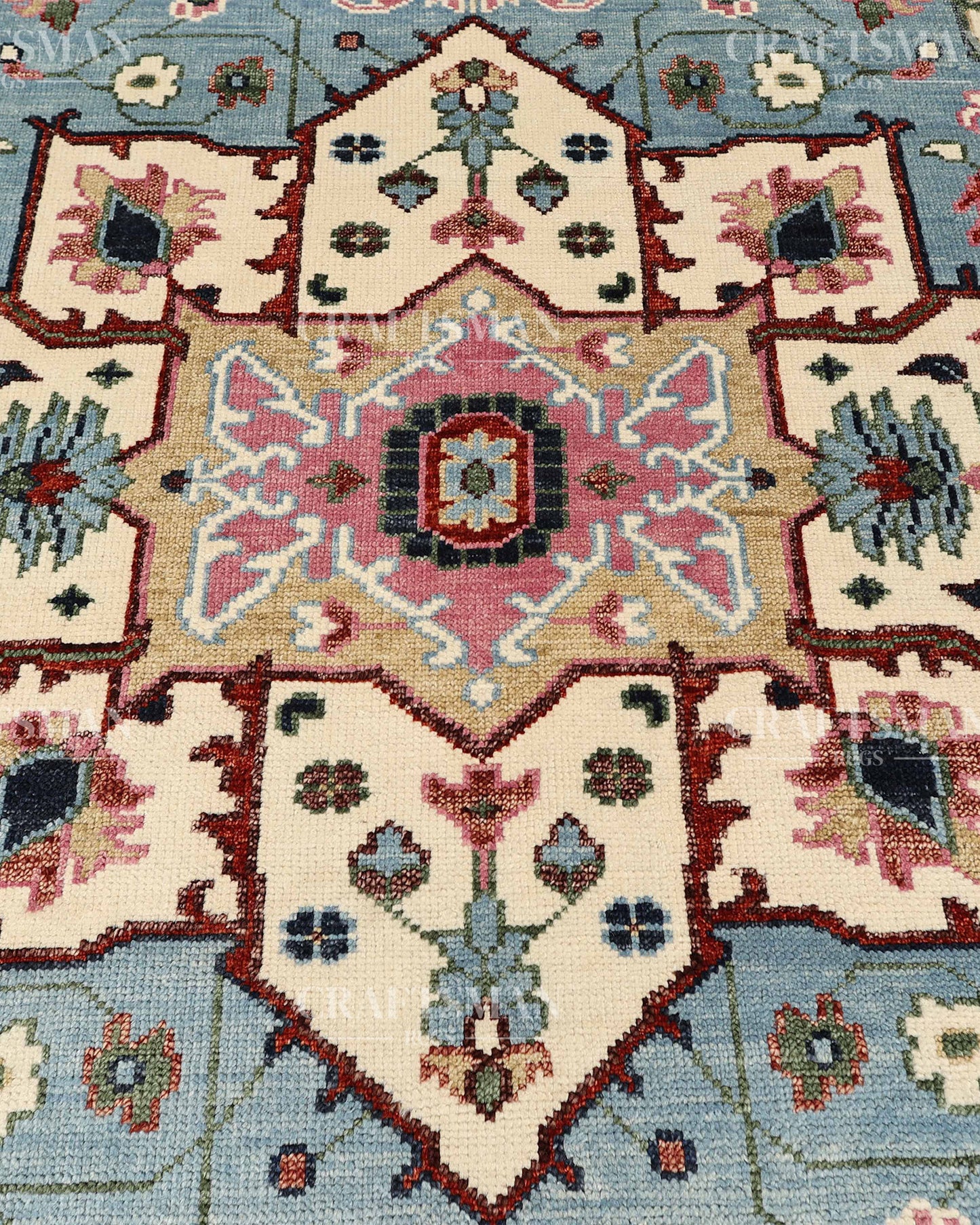 Luxury Hand Knotted Oushak Rug – Sky Blue & Ivory Vintage Turkish Persian Wool Area Rug with Traditional Geometric Medallion Design