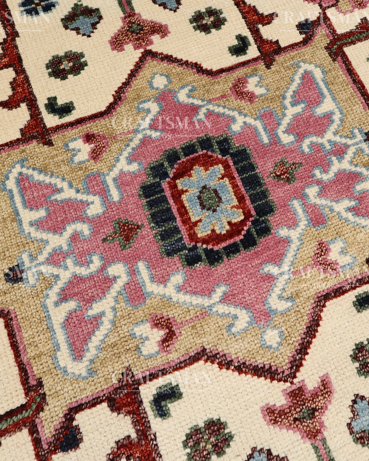 Luxury Hand Knotted Oushak Rug – Sky Blue & Ivory Vintage Turkish Persian Wool Area Rug with Traditional Geometric Medallion Design