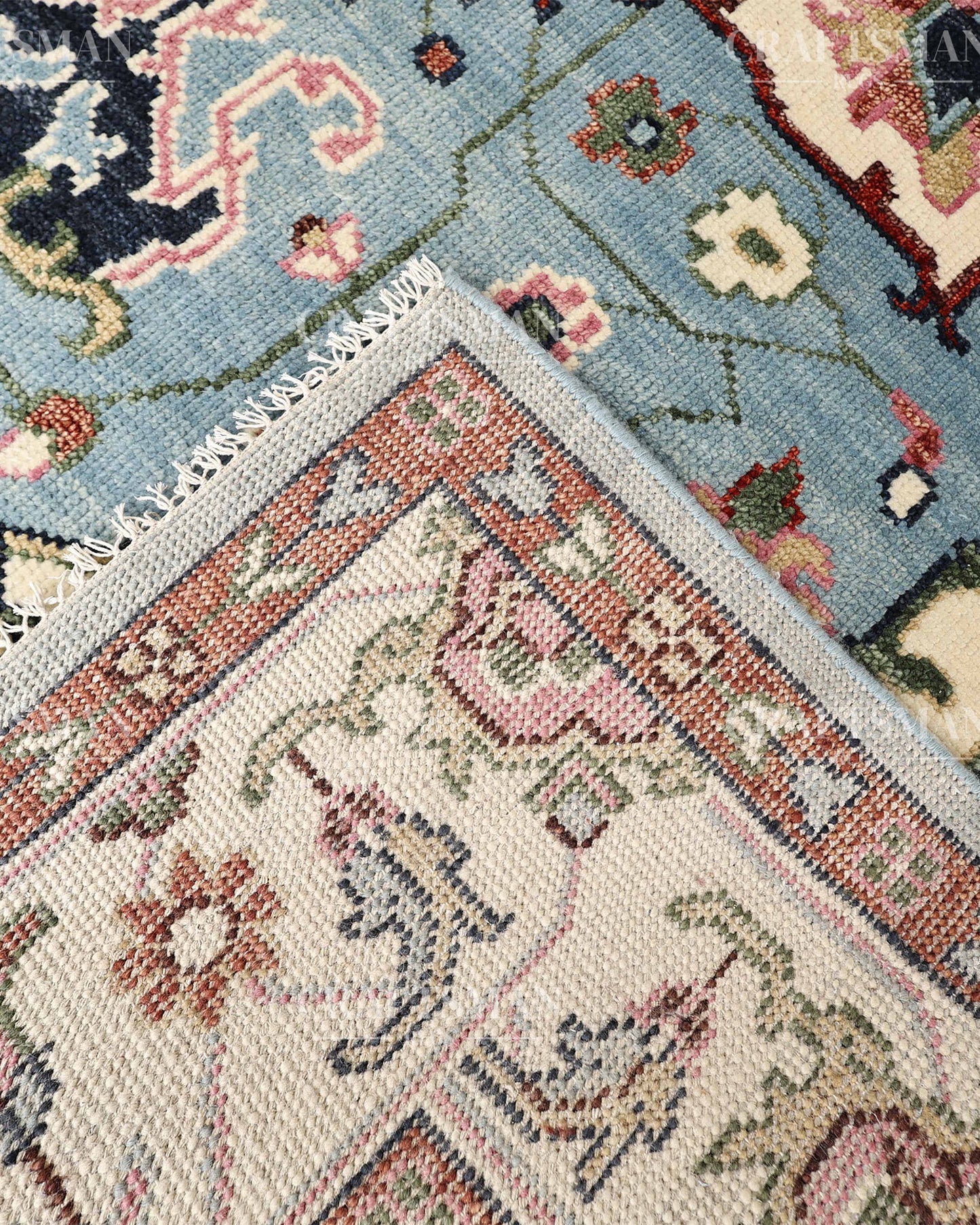 Luxury Hand Knotted Oushak Rug – Sky Blue & Ivory Vintage Turkish Persian Wool Area Rug with Traditional Geometric Medallion Design