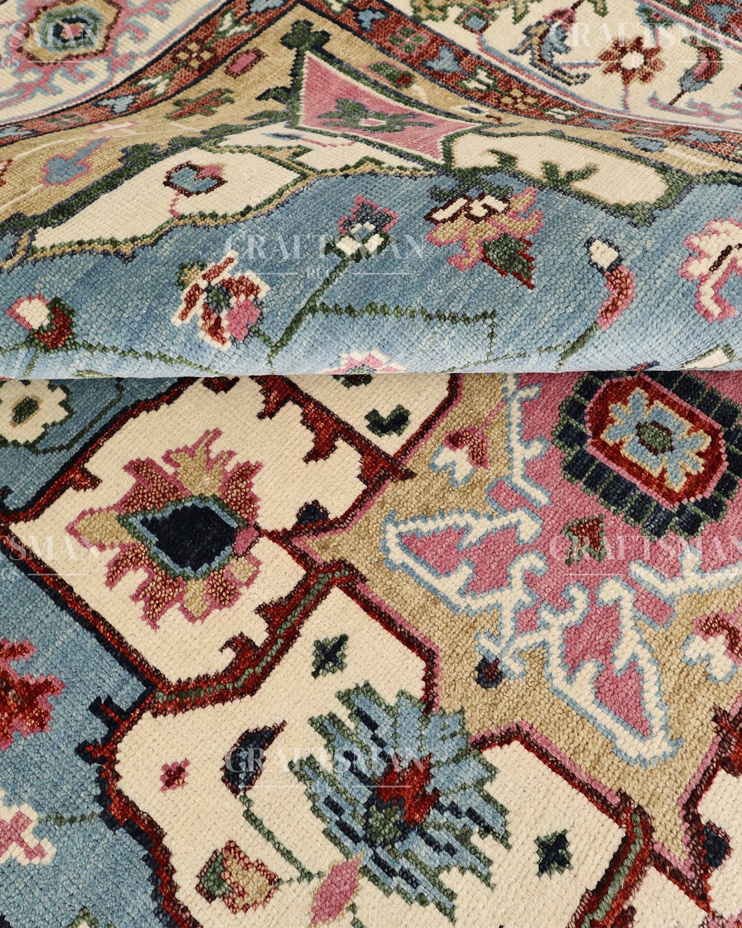 Luxury Hand Knotted Oushak Rug – Sky Blue & Ivory Vintage Turkish Persian Wool Area Rug with Traditional Geometric Medallion Design
