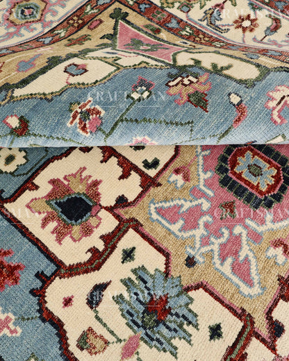 Luxury Hand Knotted Oushak Rug – Sky Blue & Ivory Vintage Turkish Persian Wool Area Rug with Traditional Geometric Medallion Design