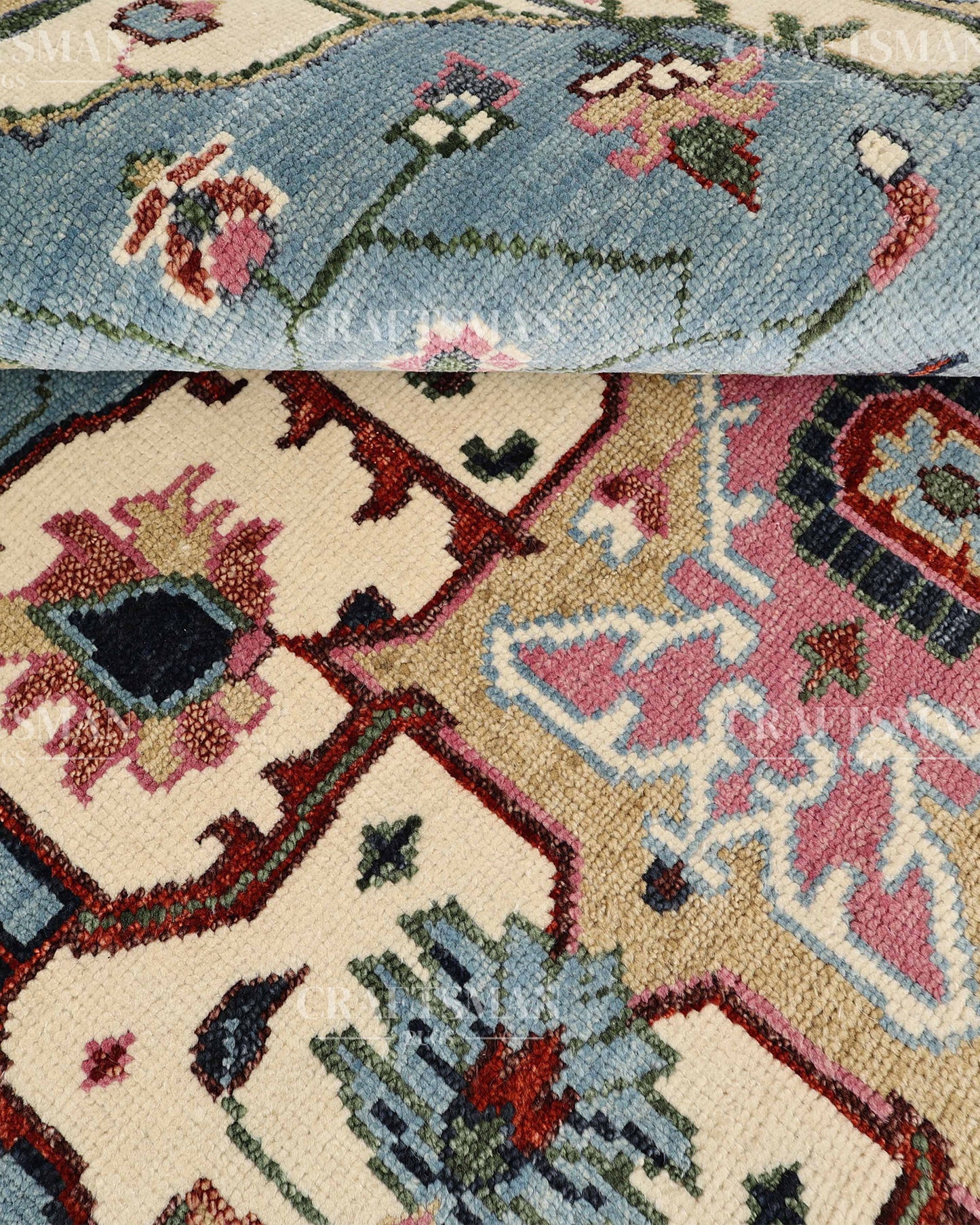 Luxury Hand Knotted Oushak Rug – Sky Blue & Ivory Vintage Turkish Persian Wool Area Rug with Traditional Geometric Medallion Design