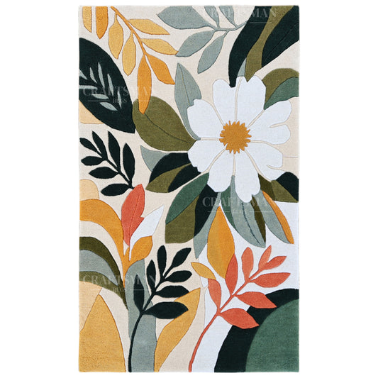 Modern Floral Area Rug – Beige Base with White Flower & Multicolor Leaves | Soft Tufted Carpet for Living Room, Bedroom & Home Décor