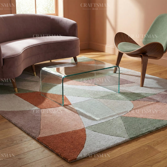 Modern Abstract Area Rug – Geometric Curve Design in Sage Green, Rust & Beige | Soft Contemporary Carpet for Living Room & Bedroom