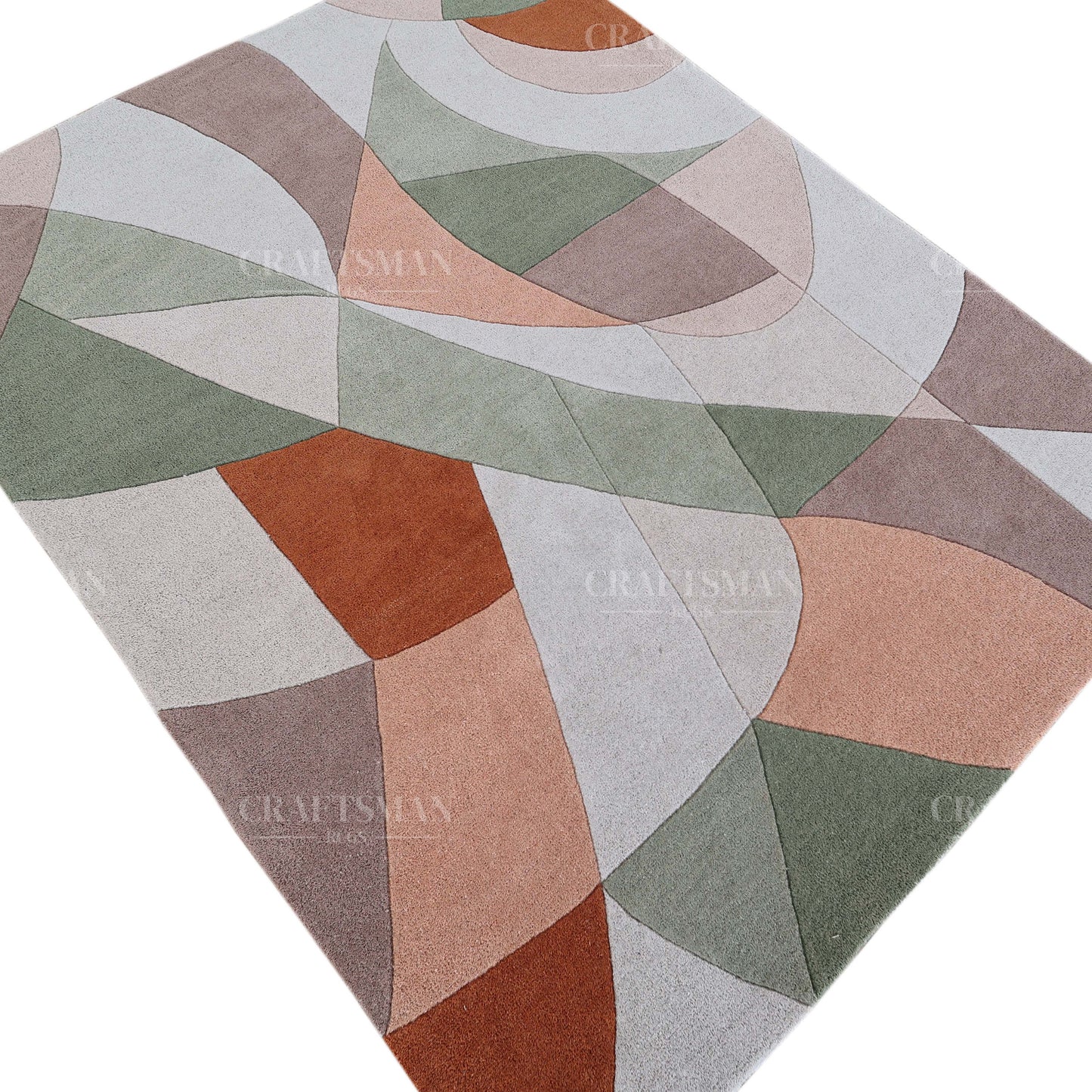 Modern Abstract Area Rug – Geometric Curve Design in Sage Green, Rust & Beige | Soft Contemporary Carpet for Living Room & Bedroom