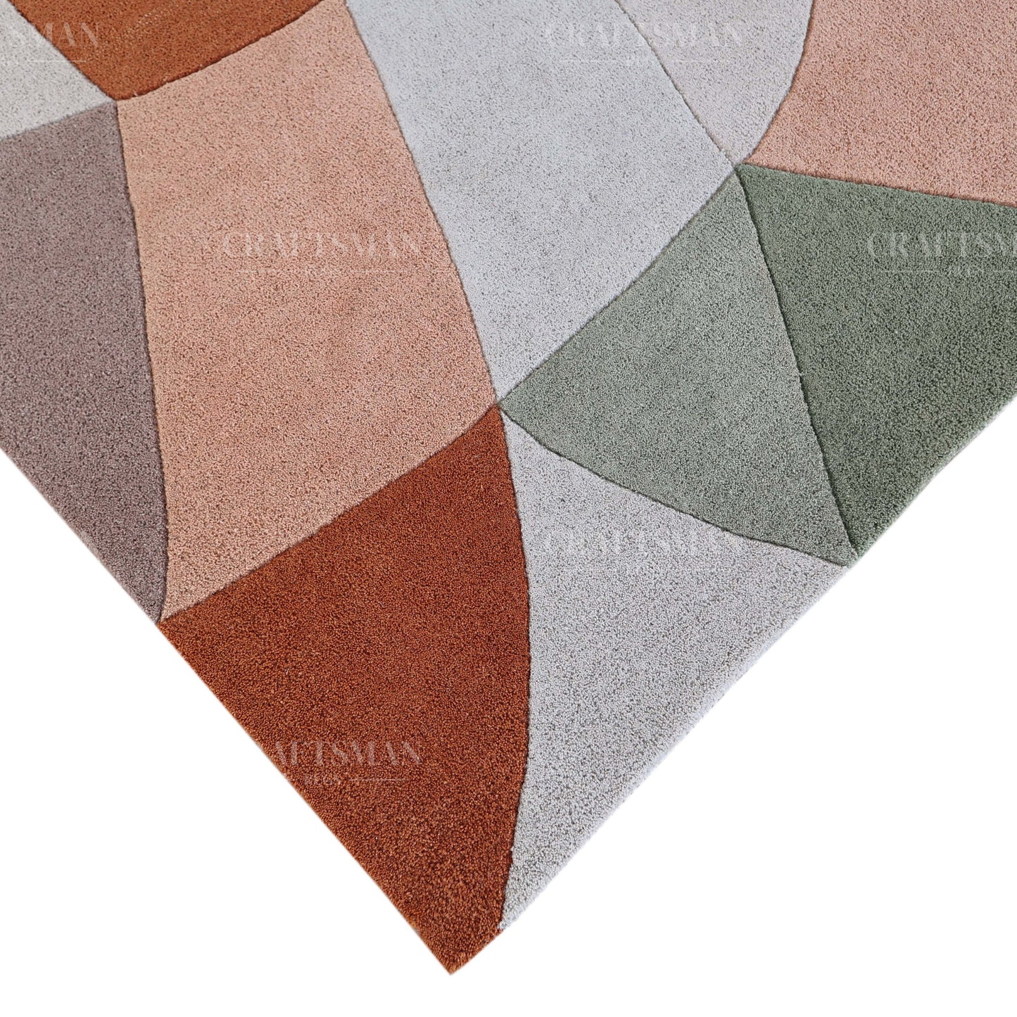 Modern Abstract Area Rug – Geometric Curve Design in Sage Green, Rust & Beige | Soft Contemporary Carpet for Living Room & Bedroom