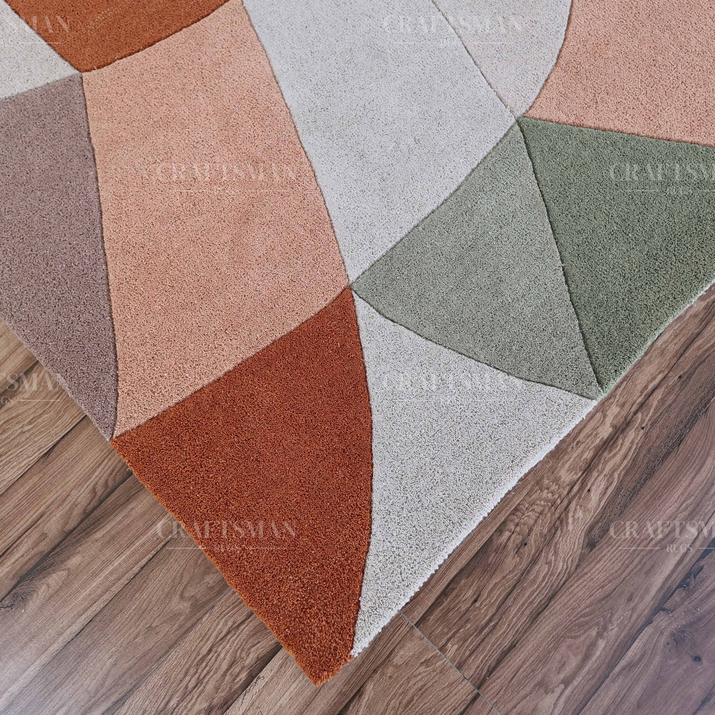 Modern Abstract Area Rug – Geometric Curve Design in Sage Green, Rust & Beige | Soft Contemporary Carpet for Living Room & Bedroom