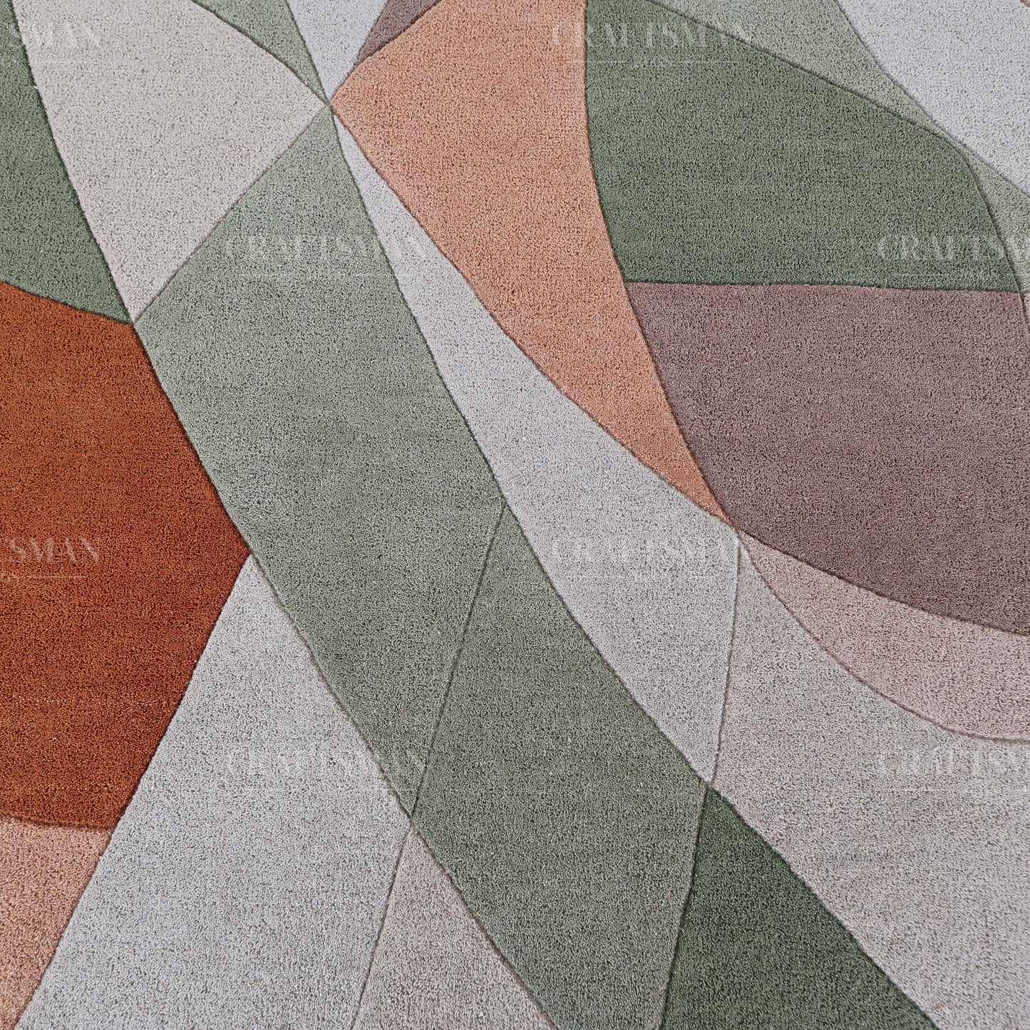 Modern Abstract Area Rug – Geometric Curve Design in Sage Green, Rust & Beige | Soft Contemporary Carpet for Living Room & Bedroom