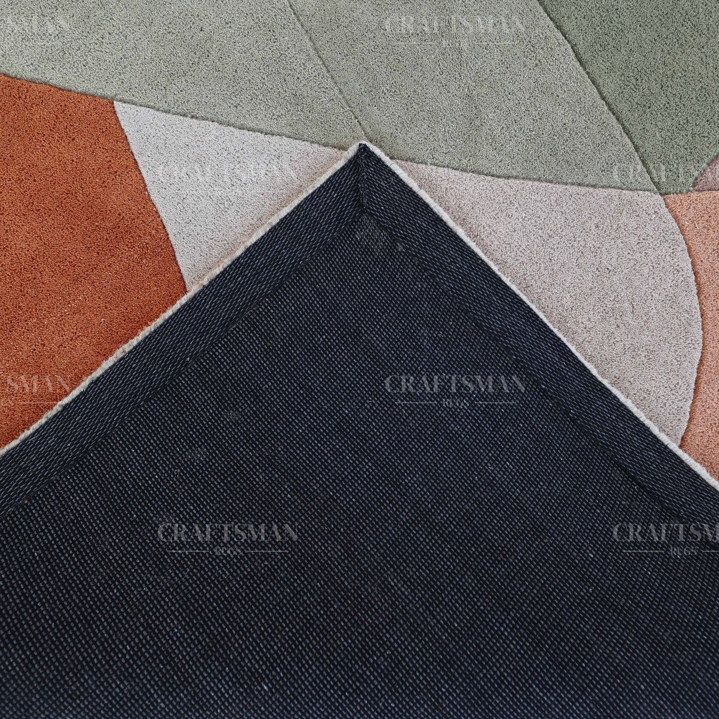 Modern Abstract Area Rug – Geometric Curve Design in Sage Green, Rust & Beige | Soft Contemporary Carpet for Living Room & Bedroom