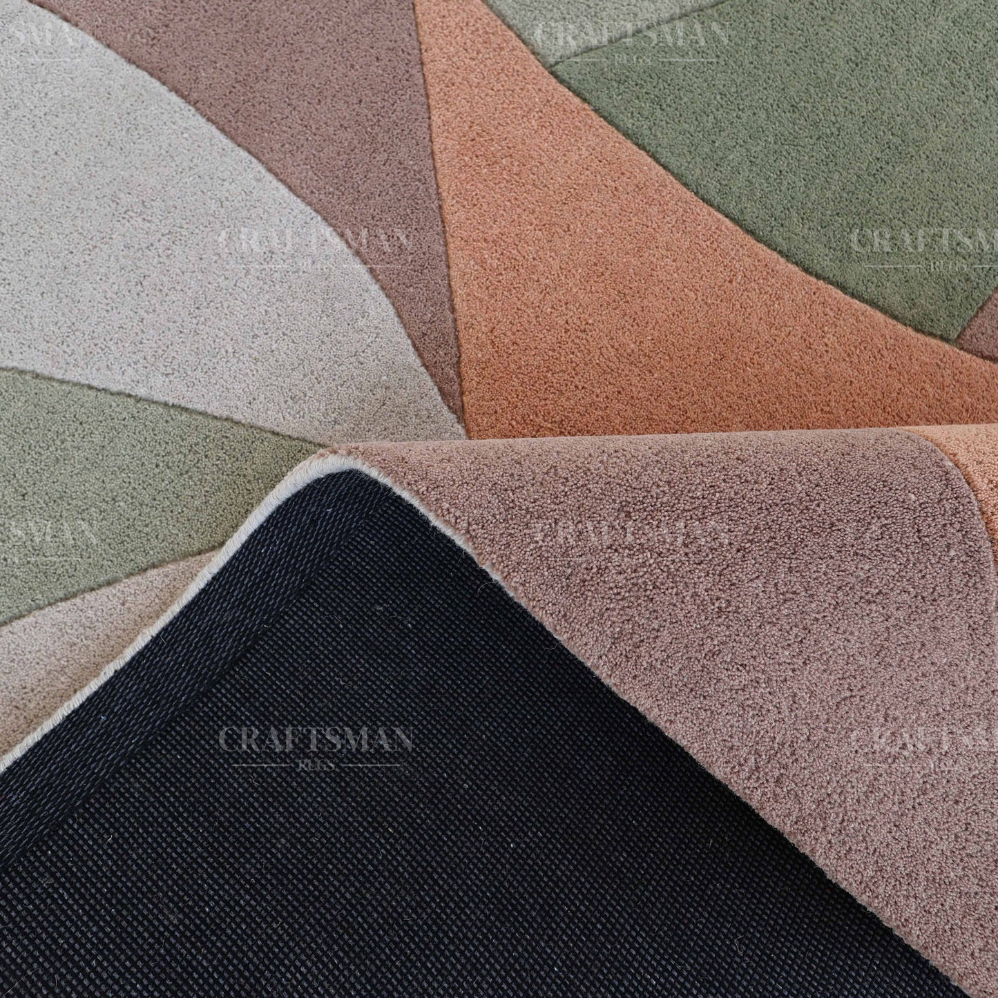 Modern Abstract Area Rug – Geometric Curve Design in Sage Green, Rust & Beige | Soft Contemporary Carpet for Living Room & Bedroom