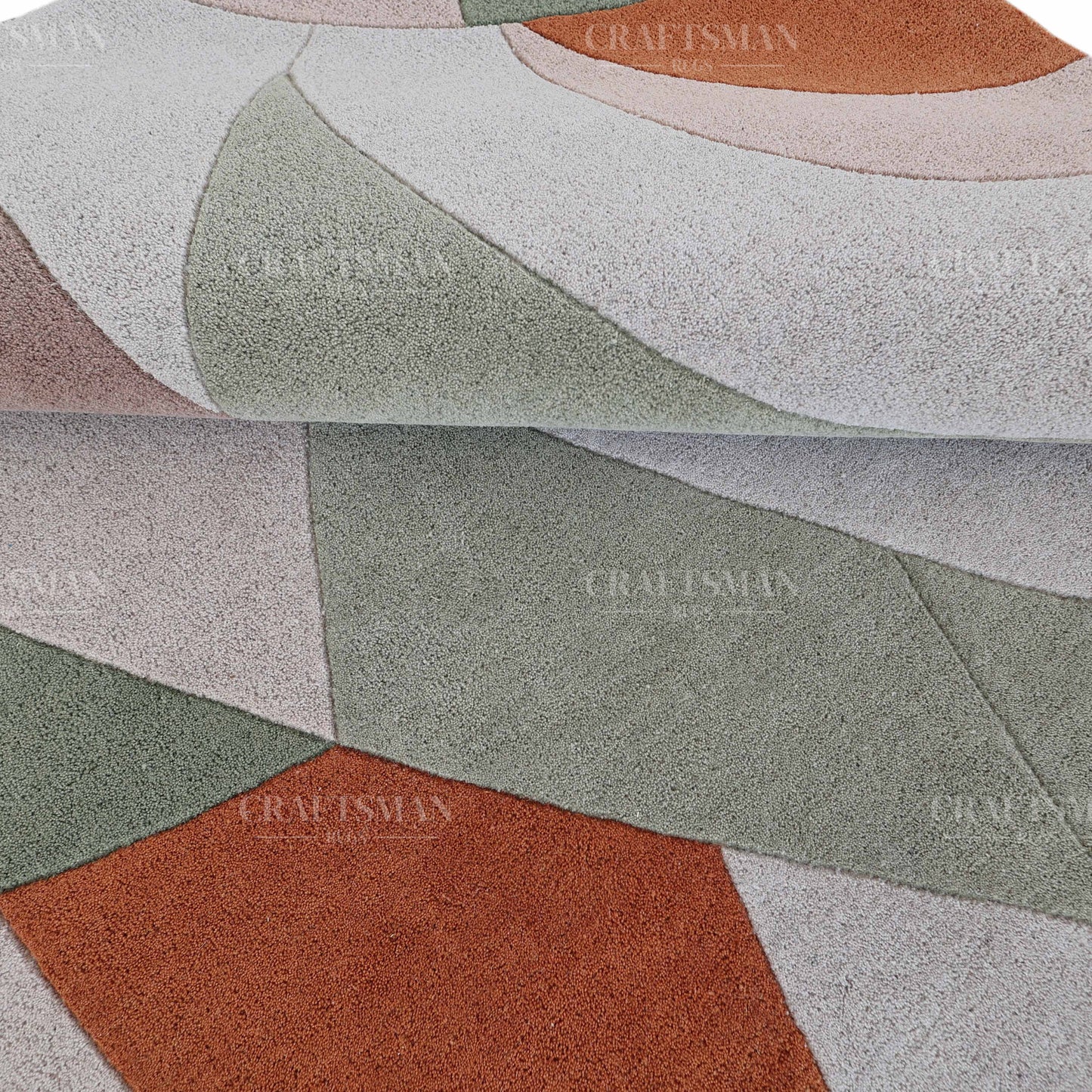 Modern Abstract Area Rug – Geometric Curve Design in Sage Green, Rust & Beige | Soft Contemporary Carpet for Living Room & Bedroom