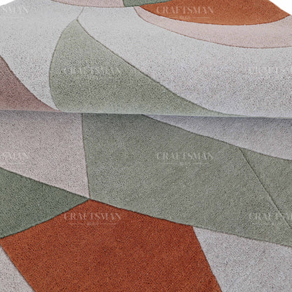 Modern Abstract Area Rug – Geometric Curve Design in Sage Green, Rust & Beige | Soft Contemporary Carpet for Living Room & Bedroom