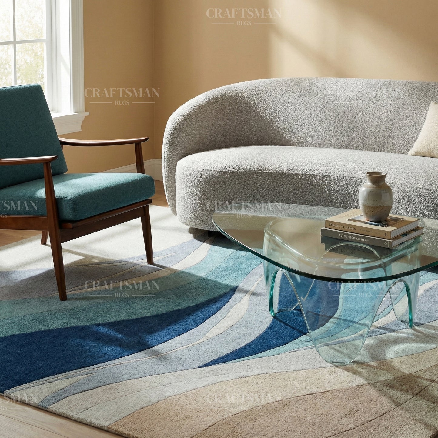 Modern Ocean Wave Area Rug – Blue Gradient Abstract Design with Beige Base | Soft Contemporary Carpet for Living Room & Bedroom