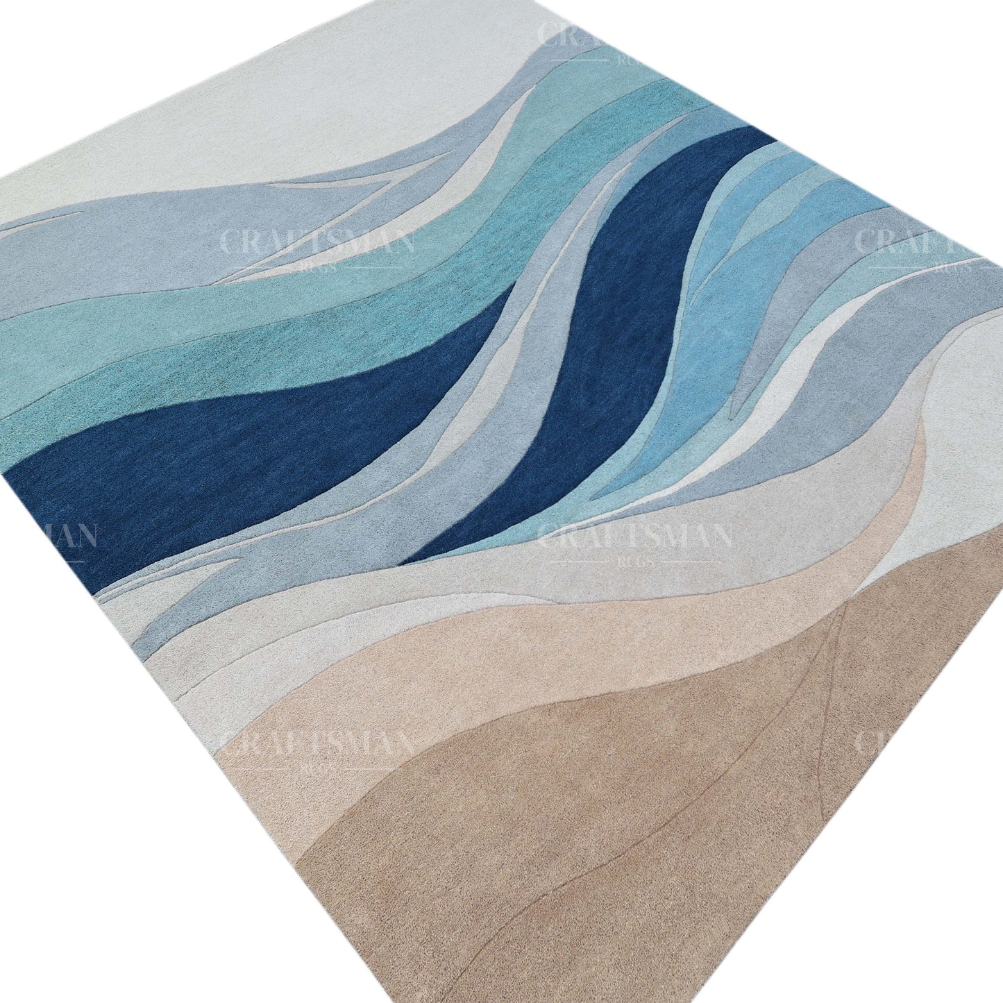 Modern Ocean Wave Area Rug – Blue Gradient Abstract Design with Beige Base | Soft Contemporary Carpet for Living Room & Bedroom