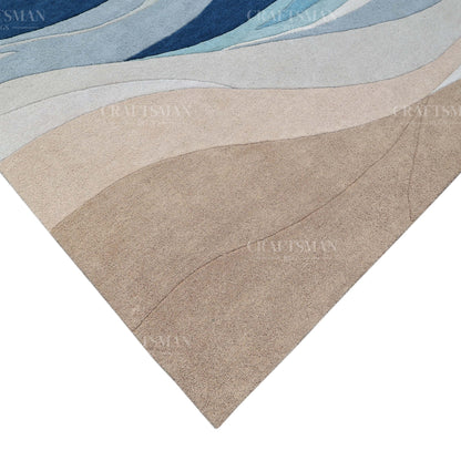 Modern Ocean Wave Area Rug – Blue Gradient Abstract Design with Beige Base | Soft Contemporary Carpet for Living Room & Bedroom