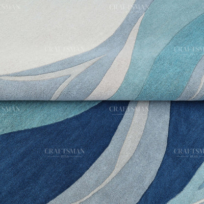 Modern Ocean Wave Area Rug – Blue Gradient Abstract Design with Beige Base | Soft Contemporary Carpet for Living Room & Bedroom