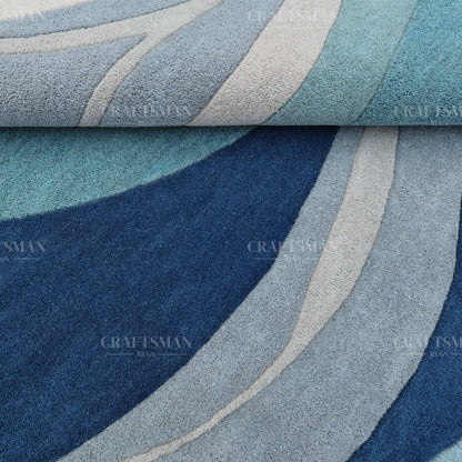 Modern Ocean Wave Area Rug – Blue Gradient Abstract Design with Beige Base | Soft Contemporary Carpet for Living Room & Bedroom