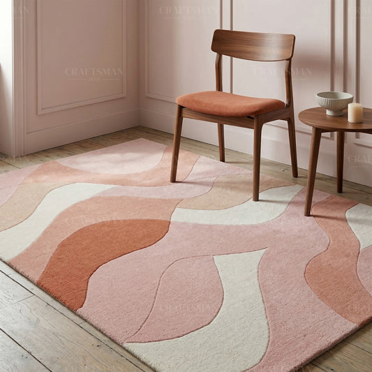 Modern Abstract Area Rug – Soft Peach & Blush Wave Design with Beige Accents | Luxury Hand-Tufted Carpet for Living Room & Bedroom