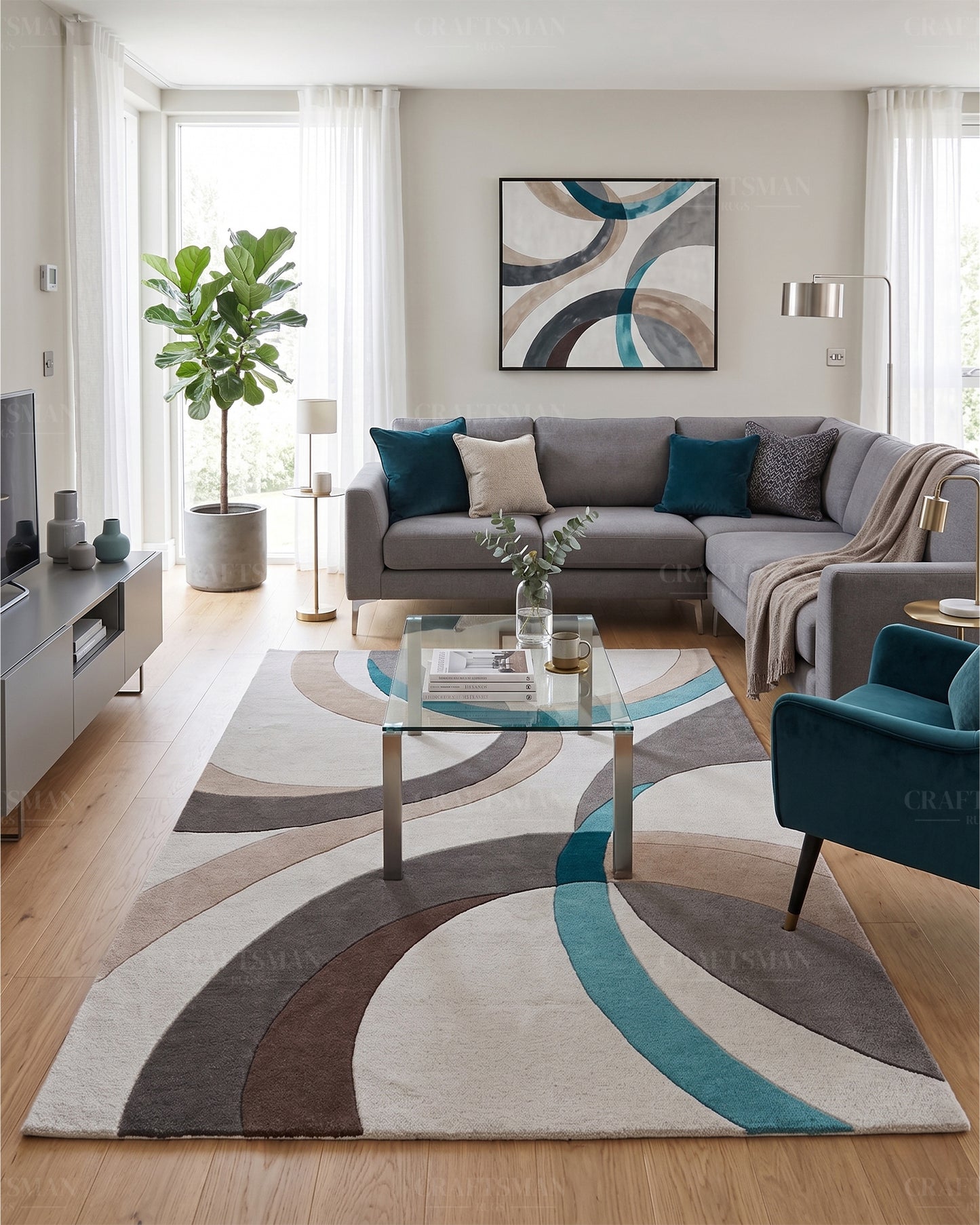 Modern Abstract Area Rug – Hand Tufted Wool Carpet with Teal, Beige & Taupe Curves for Contemporary Living Room Decor