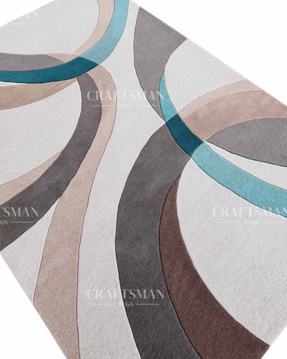 Modern Abstract Area Rug – Hand Tufted Wool Carpet with Teal, Beige & Taupe Curves for Contemporary Living Room Decor