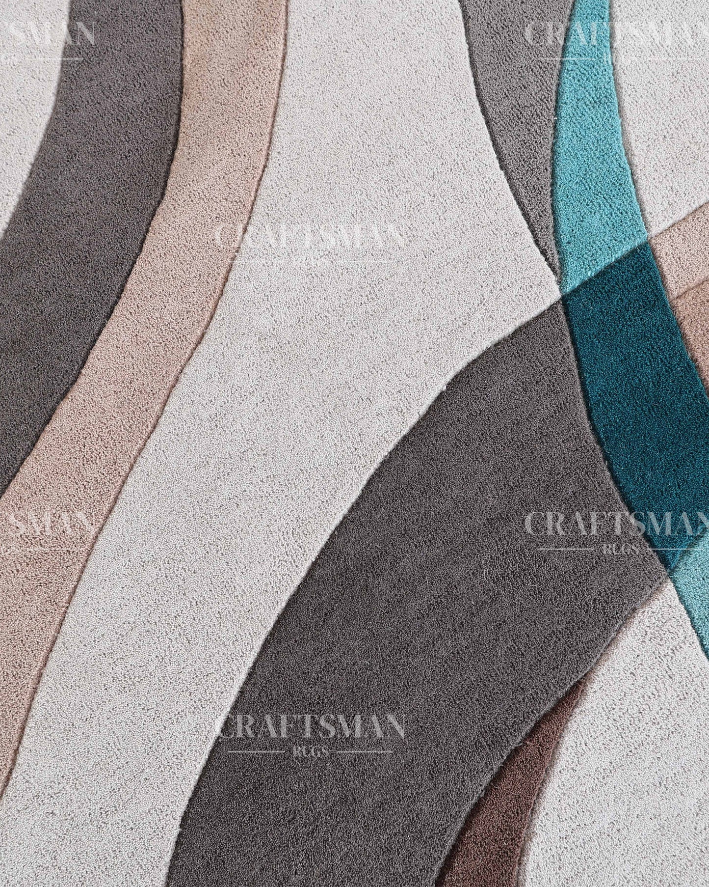 Modern Abstract Area Rug – Hand Tufted Wool Carpet with Teal, Beige & Taupe Curves for Contemporary Living Room Decor