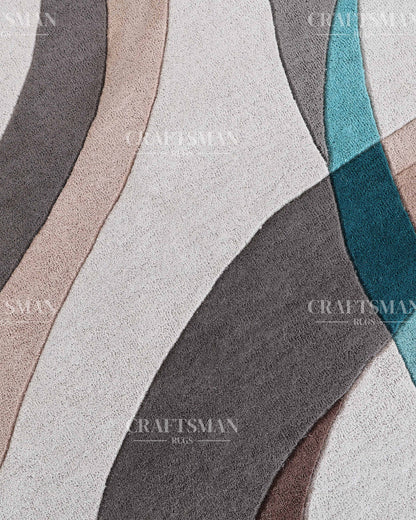 Modern Abstract Area Rug – Hand Tufted Wool Carpet with Teal, Beige & Taupe Curves for Contemporary Living Room Decor