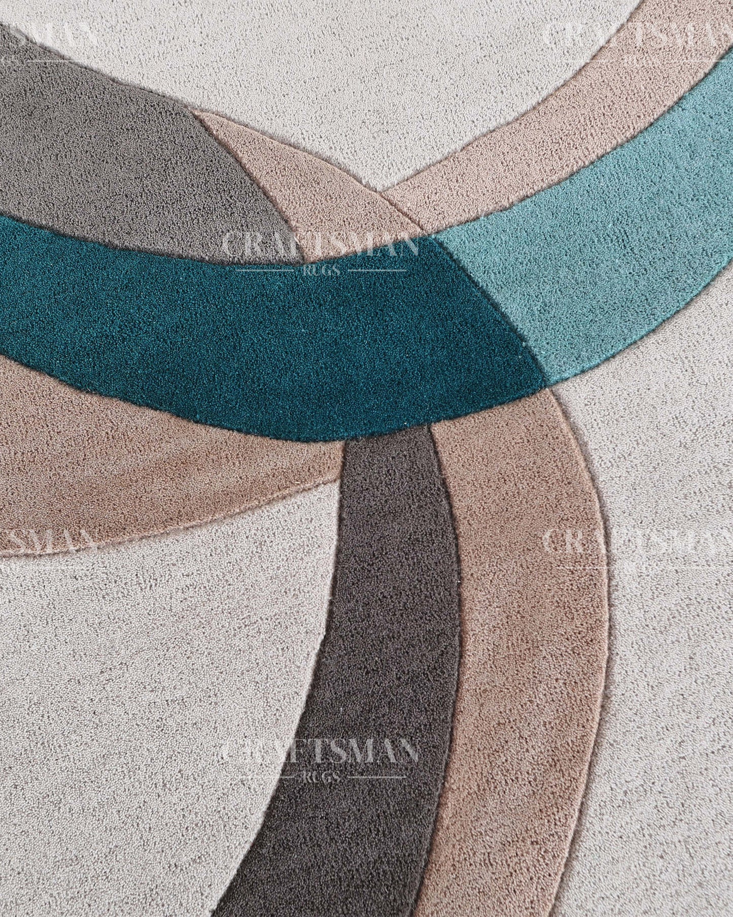 Modern Abstract Area Rug – Hand Tufted Wool Carpet with Teal, Beige & Taupe Curves for Contemporary Living Room Decor