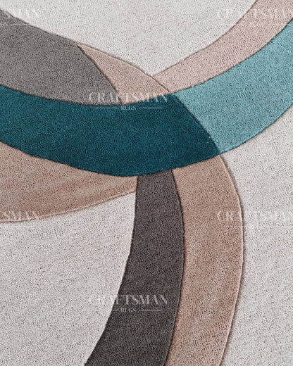 Modern Abstract Area Rug – Hand Tufted Wool Carpet with Teal, Beige & Taupe Curves for Contemporary Living Room Decor