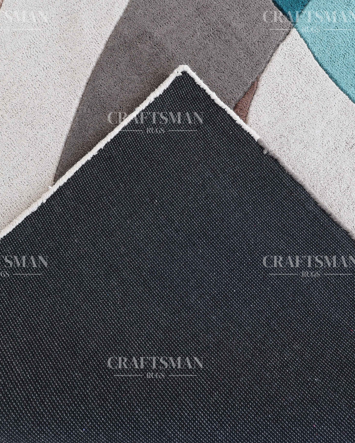 Modern Abstract Area Rug – Hand Tufted Wool Carpet with Teal, Beige & Taupe Curves for Contemporary Living Room Decor