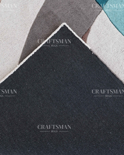 Modern Abstract Area Rug – Hand Tufted Wool Carpet with Teal, Beige & Taupe Curves for Contemporary Living Room Decor