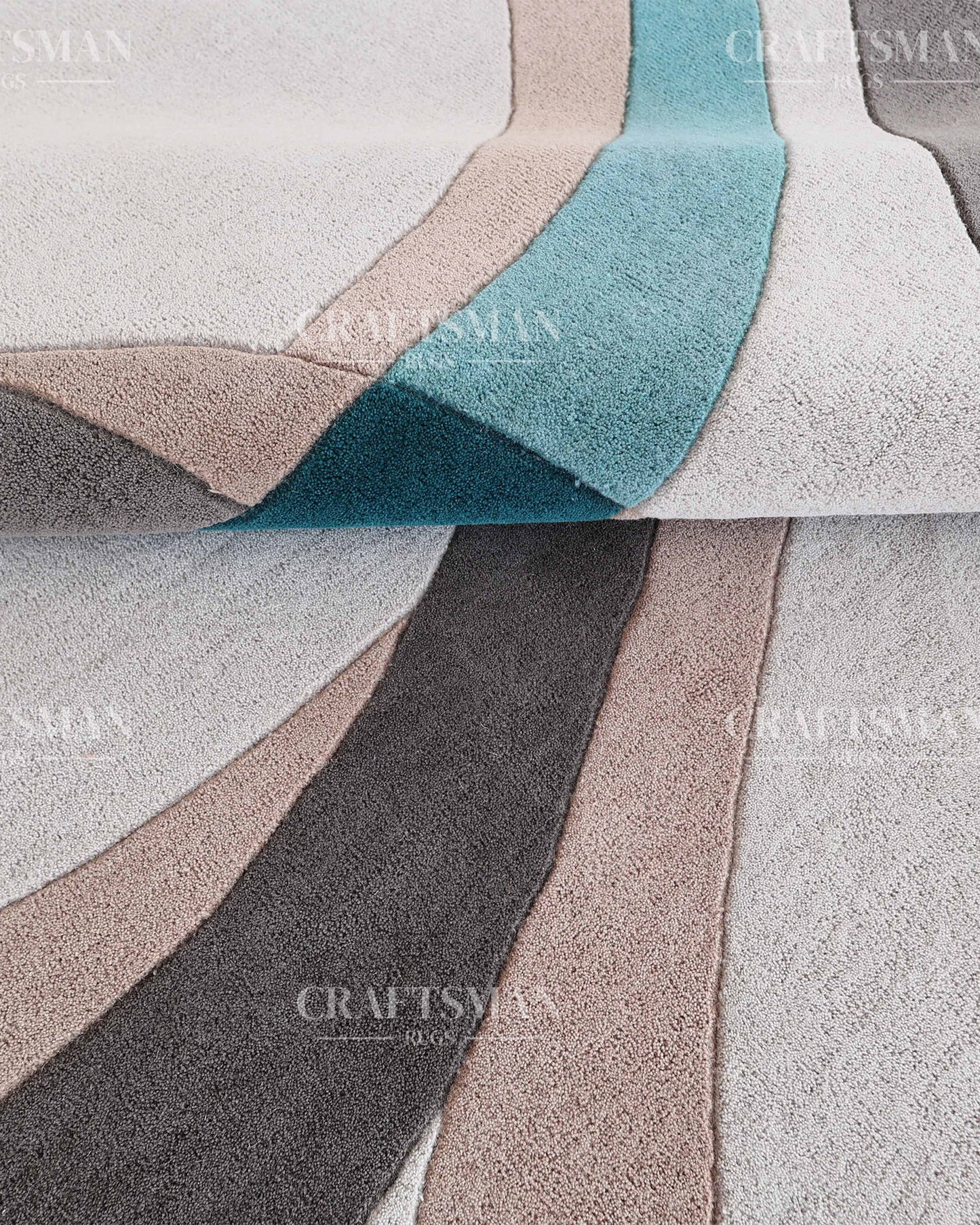 Modern Abstract Area Rug – Hand Tufted Wool Carpet with Teal, Beige & Taupe Curves for Contemporary Living Room Decor