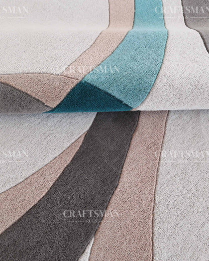 Modern Abstract Area Rug – Hand Tufted Wool Carpet with Teal, Beige & Taupe Curves for Contemporary Living Room Decor