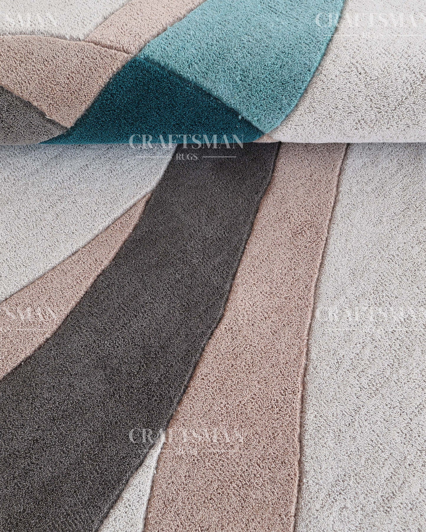 Modern Abstract Area Rug – Hand Tufted Wool Carpet with Teal, Beige & Taupe Curves for Contemporary Living Room Decor