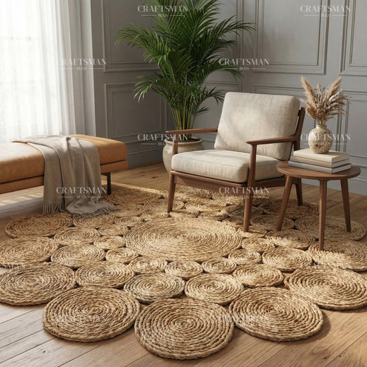 Sunburst Round Jute Hand-Woven Natural Rug – Braided Boho Farmhouse Floral Circle Area Carpet for Living Room Bedroom Entryway