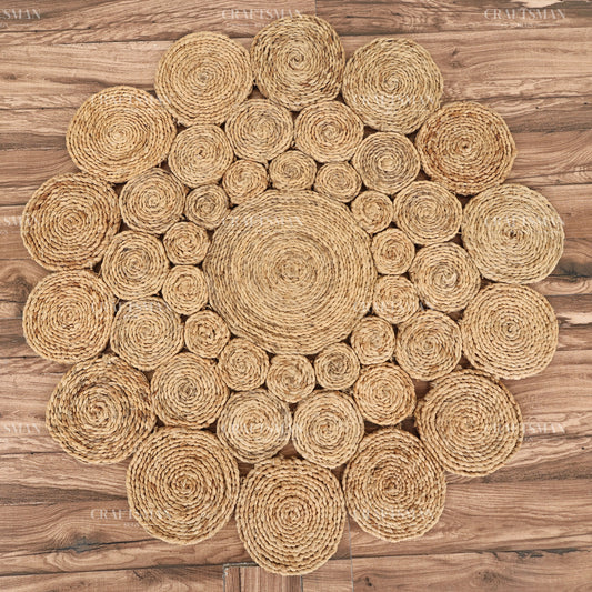 Sunburst Round Jute Hand-Woven Natural Rug – Braided Boho Farmhouse Floral Circle Area Carpet for Living Room Bedroom Entryway