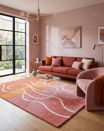 Hand‑Tufted Abstract Gradient Rug – Modern Orange, Peach & Pink Carpet with Flowing White Curves for Artistic Living Room Decor