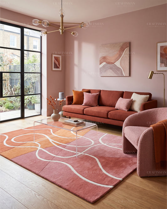 Hand‑Tufted Abstract Gradient Rug – Modern Orange, Peach & Pink Carpet with Flowing White Curves for Artistic Living Room Decor