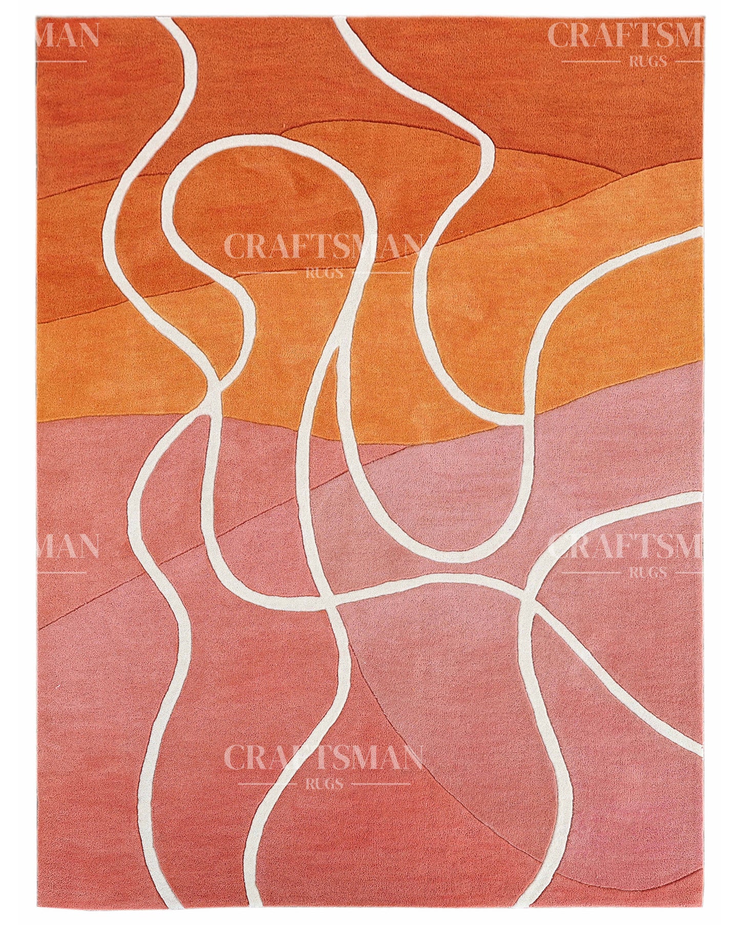 Hand‑Tufted Abstract Gradient Rug – Modern Orange, Peach & Pink Carpet with Flowing White Curves for Artistic Living Room Decor