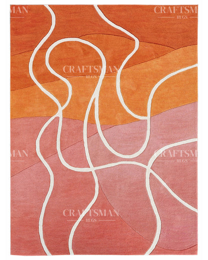 Hand‑Tufted Abstract Gradient Rug – Modern Orange, Peach & Pink Carpet with Flowing White Curves for Artistic Living Room Decor