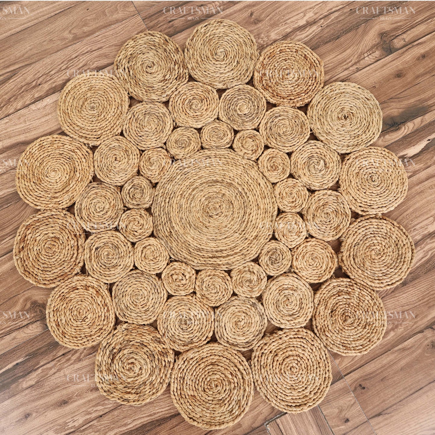 Sunburst Round Jute Hand-Woven Natural Rug – Braided Boho Farmhouse Floral Circle Area Carpet for Living Room Bedroom Entryway
