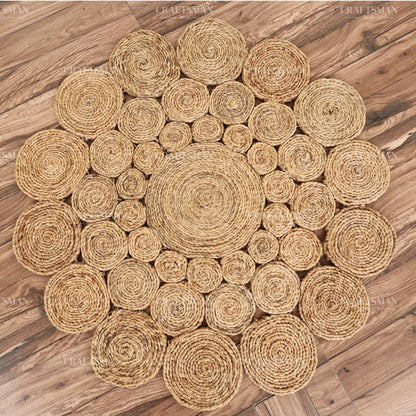 Sunburst Round Jute Hand-Woven Natural Rug – Braided Boho Farmhouse Floral Circle Area Carpet for Living Room Bedroom Entryway