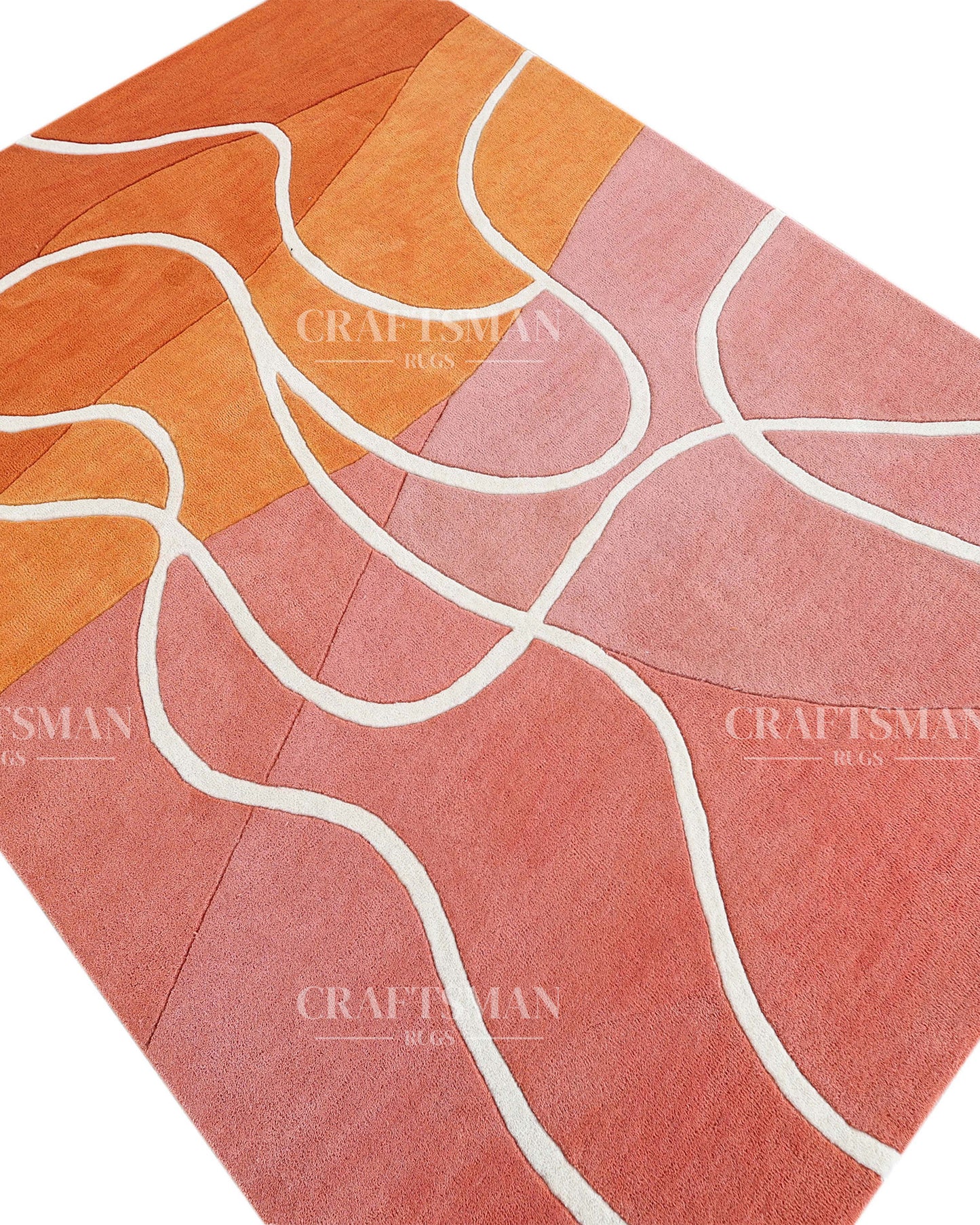 Hand‑Tufted Abstract Gradient Rug – Modern Orange, Peach & Pink Carpet with Flowing White Curves for Artistic Living Room Decor